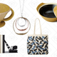 Color Block Coffee Pour Over Cone, $30 | Wrecking Ball Bookends, $45 | Mobius Strip Necklace, $65 | Painted Carryall Tote, $56 | Golden Lidded Casserole Dish, $90
